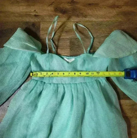 Klesis Mint Babydoll Off-Shoulder Longsleeve Shimmer Dress Size Small - Picture 8 of 9